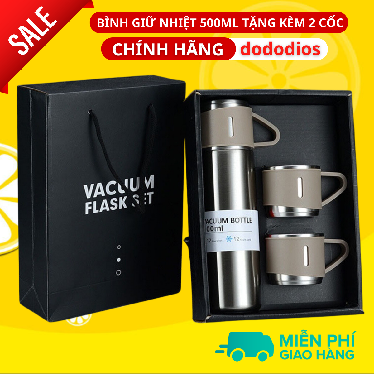 Màu Bạc - bình giữ nhiệt 500ml tặng 2 cốc - Kiểu cách đóng gói hộp quà - có nút nhấn uống trực tiếp - Hàng chính hãng