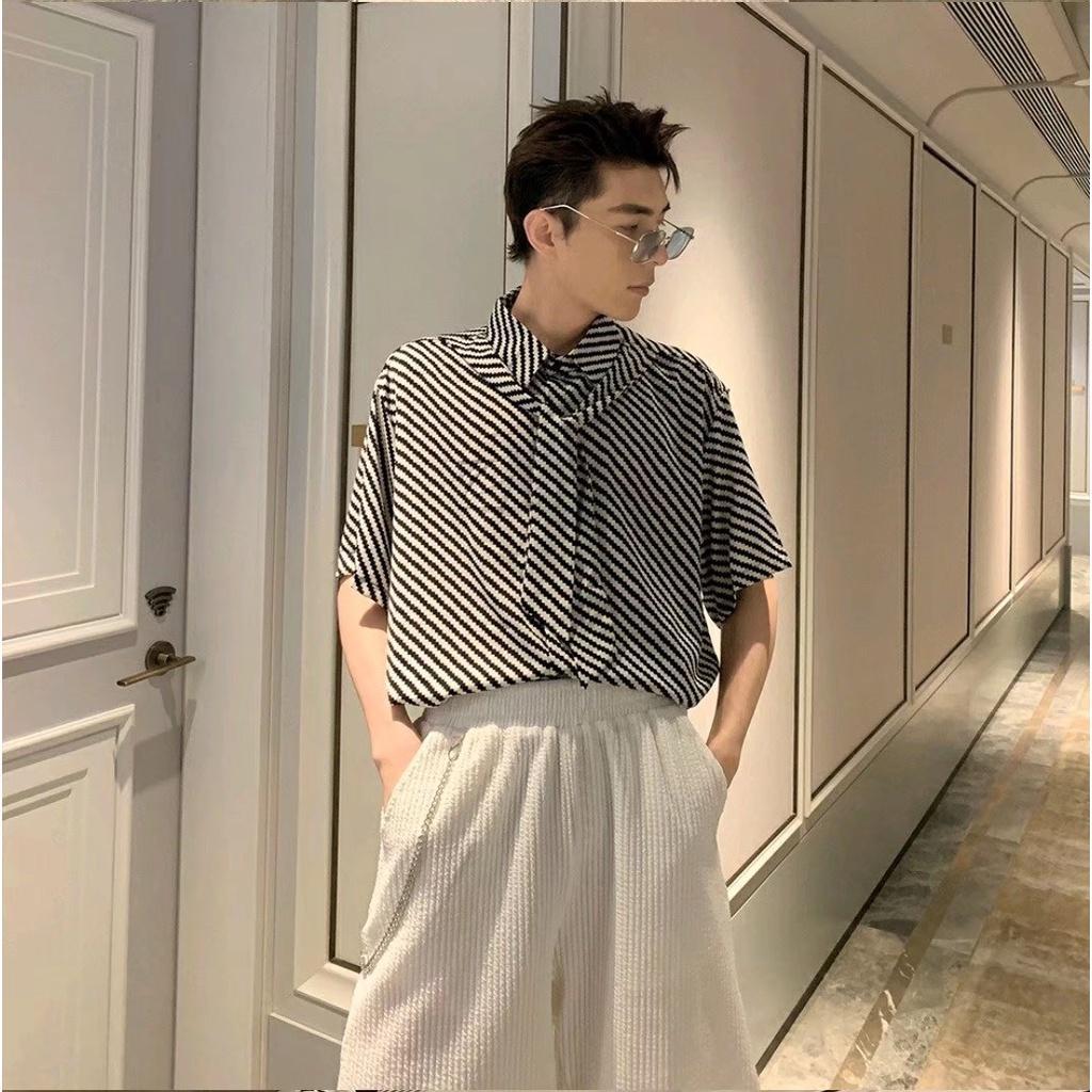 Áo Sơ Mi Lụa Ngắn Tay In Họa Tiết Ngựa Vằn Cá Tính Thời Trang Hàn Quốc Cho Nam