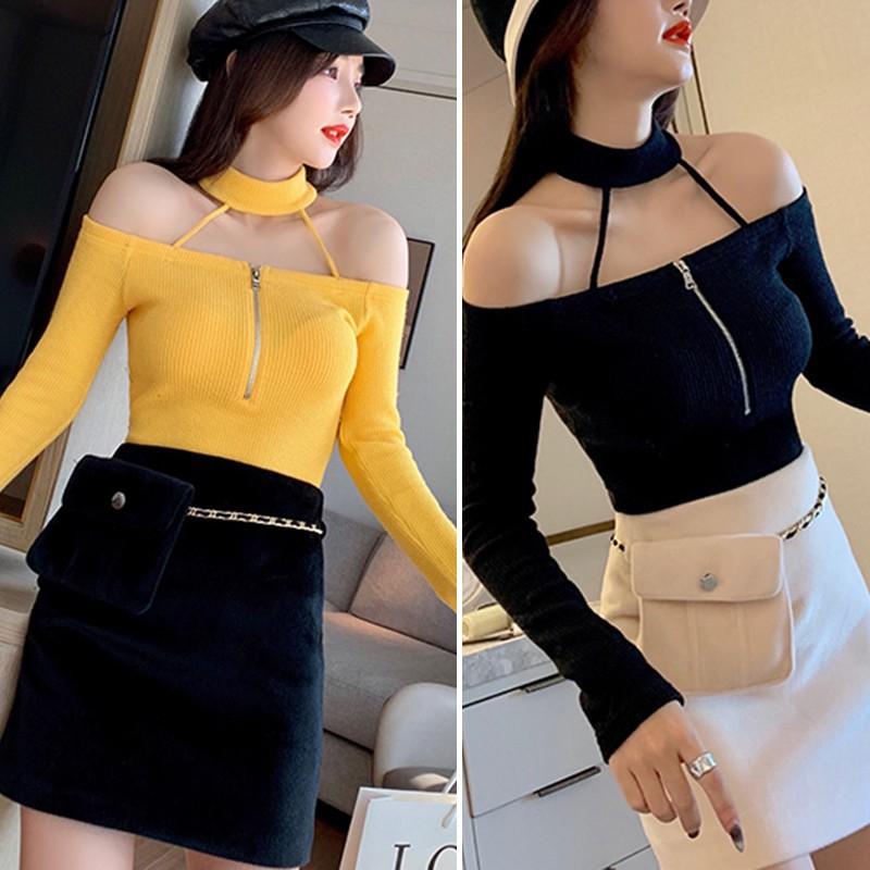 Áo dệt kim tay dài màu trơn thiết kế khoá kéo thanh lịch