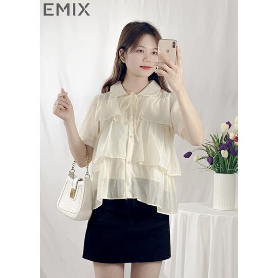 Áo sơ mi công sở bèo tầng EMIX , retro, dáng ngắn, cộc tay, form rộng, xếp bèo tầng, cổ tròn, chất tơ xịn A15