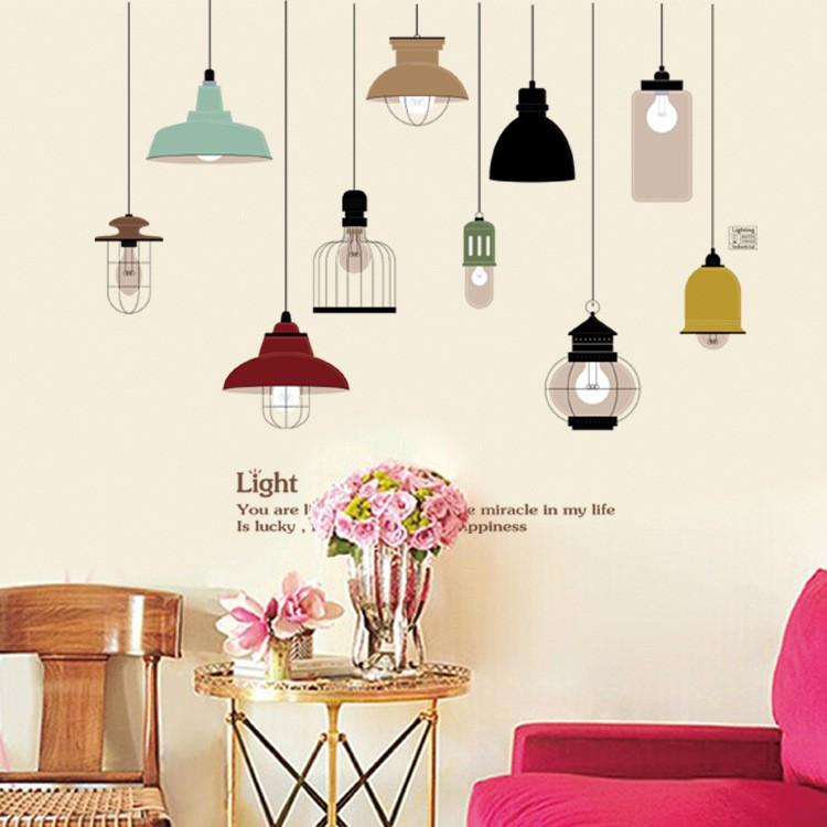 Decal dán tường Combo 2 tranh dây đèn thả + cô gái mộng mơ và cột đèn