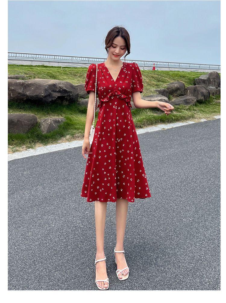 TOBE1SHOP Váy chiffon hoa nhỏ cho phụ nữ 2023 mùa hè Pháp màu đỏ khí chất cao eo mỏng váy