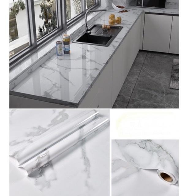 5M decal giả đá trắng vân nâu 3D tráng nhôm cho nhà bếp , nhà tắm keo sẵn khổ 60cm