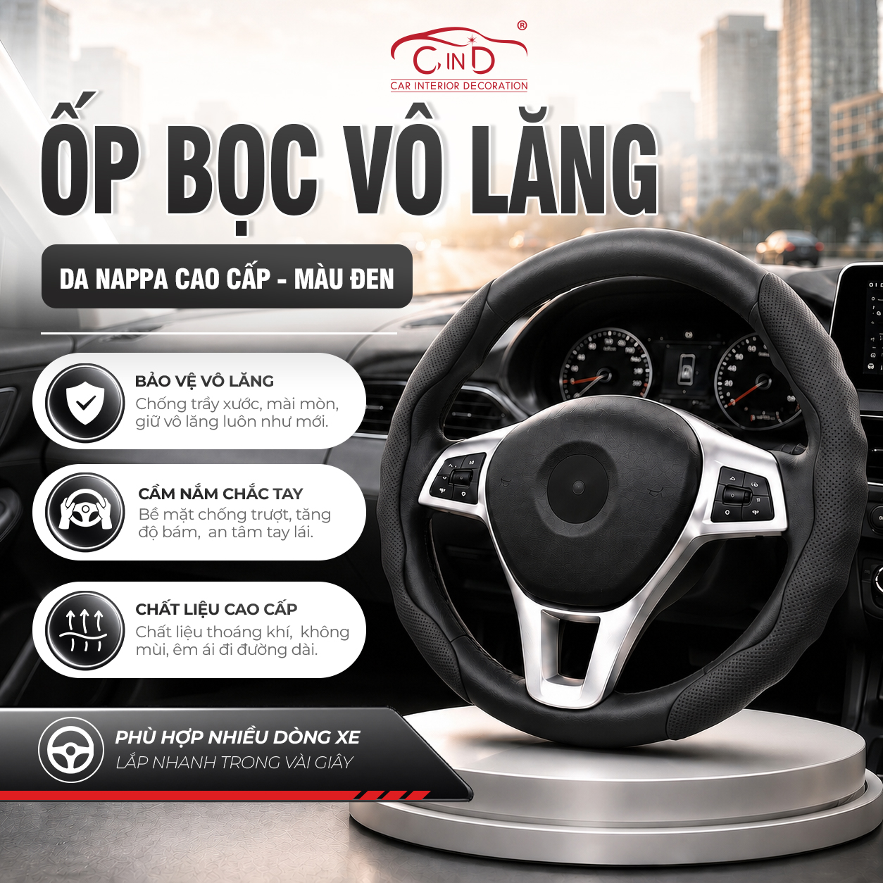 Ốp Bọc Vô Lăng CIND 2 Mảnh Da Nappa Cao Cấp Màu Đen