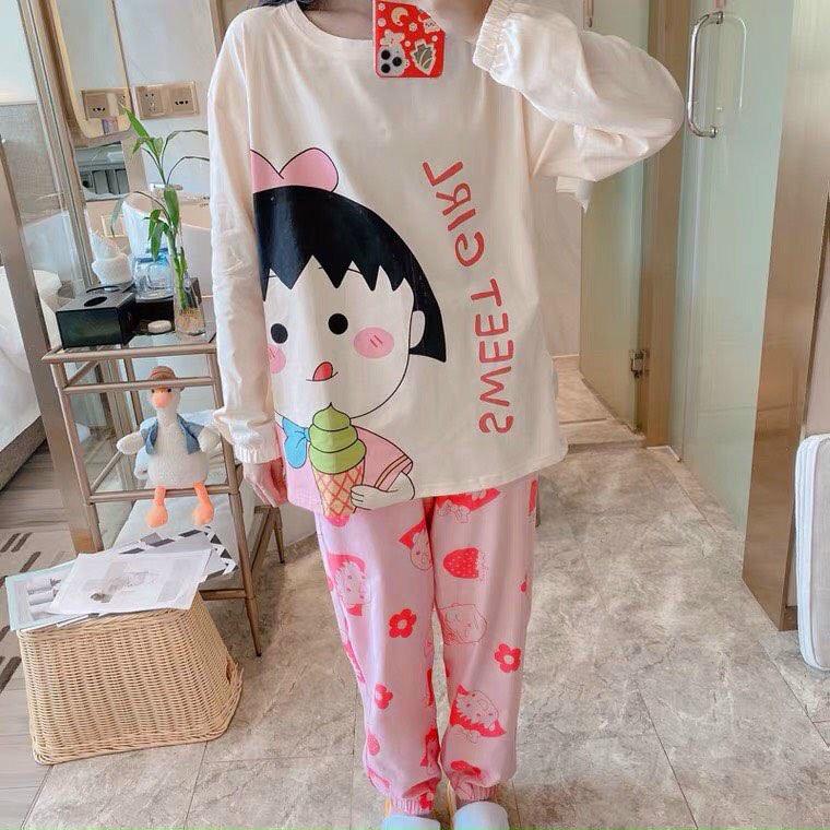Set bộ đồ dành cho nữ, in hình cô gái dễ thương, áo dài tay quần dài chất thun cotton mềm mại mát mẻ