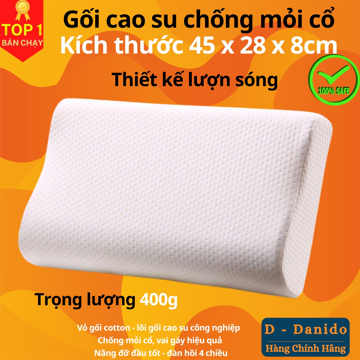 Gối cao su chống đau mỏi vai gáy cổ cho người lớn chọn kích thước To 50x30x10cm hoặc nhỏ 45x25x8cm cao cấp D Danido