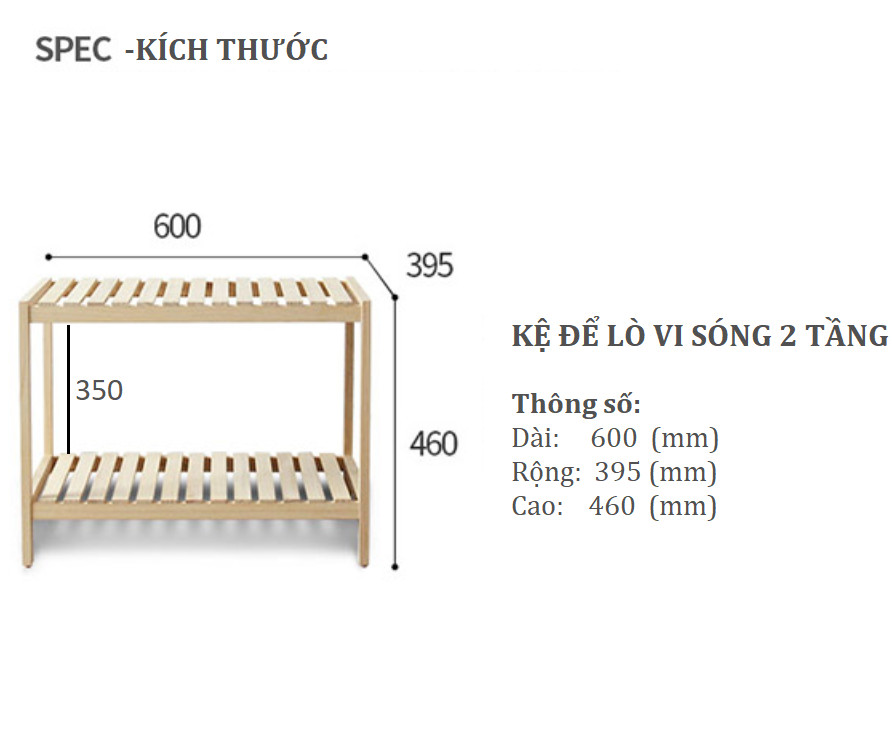 KỆ LÒ VI SÓNG 2 TẦNG GỖ THÔNG - Dài 60cm x Cao 46cm