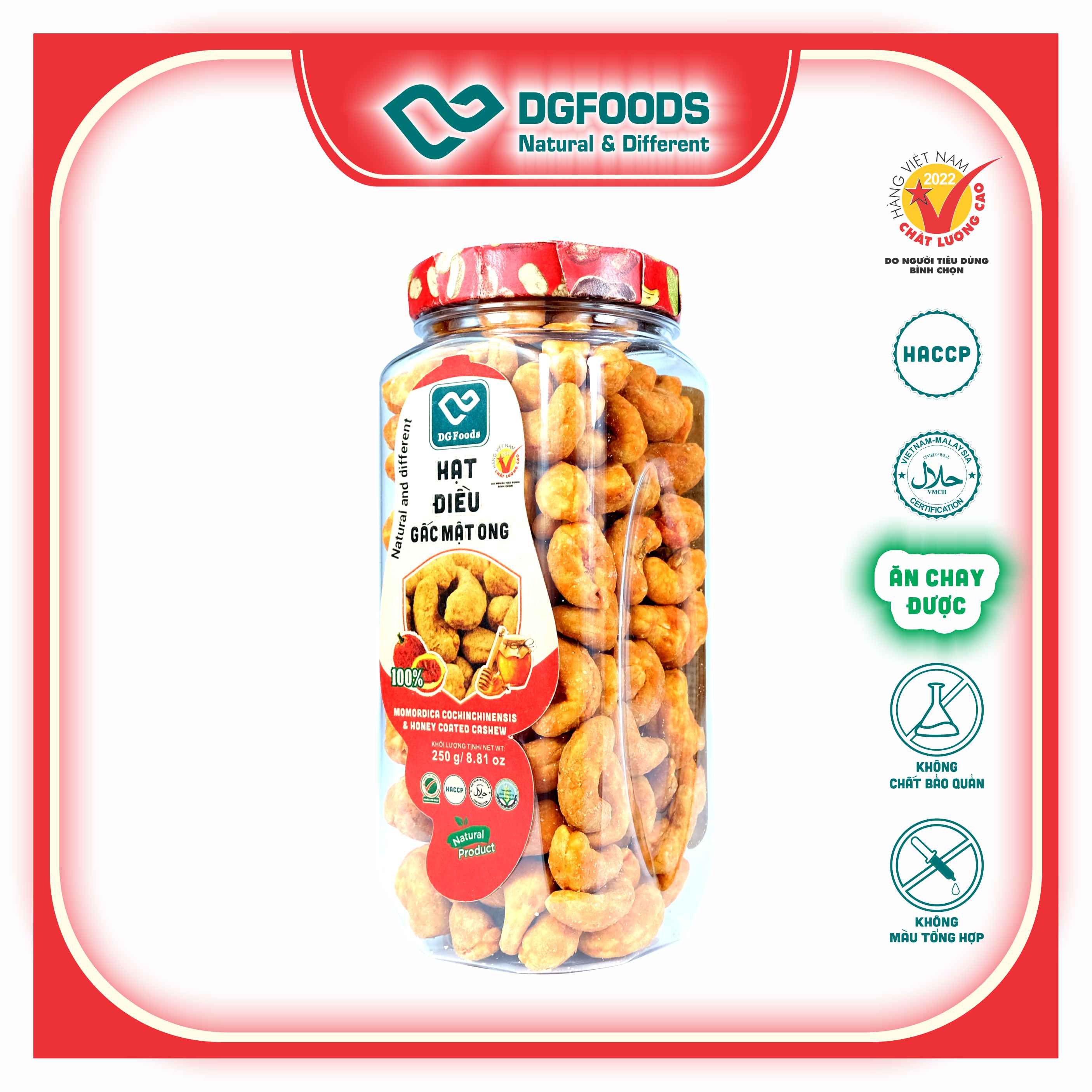 Hạt Điều Gấc Mật Ong DGfoods 250g/ Momordica cochinchinensis &amp; honey coated cashew/ HVNCLC, Haccp, Halal, Ăn chay, Ăn kiêng, Đặc sản Cần Thơ, Hạt điều bình phước