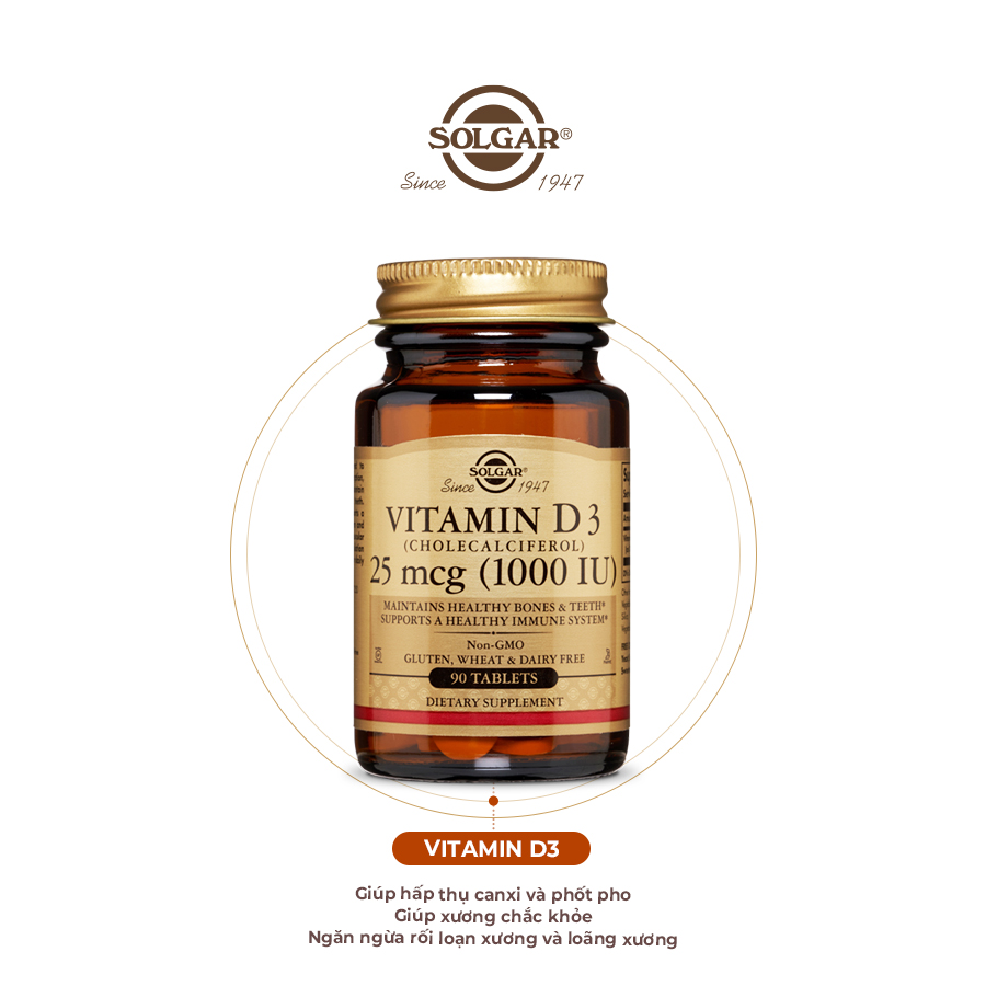 NHẬP KHẨU USA CHÍNH HÃNG - Viên uống ngừa loãng xương, hỗ trợ sức khỏe xương khớp Solgar Vitamin D3 1000 IU