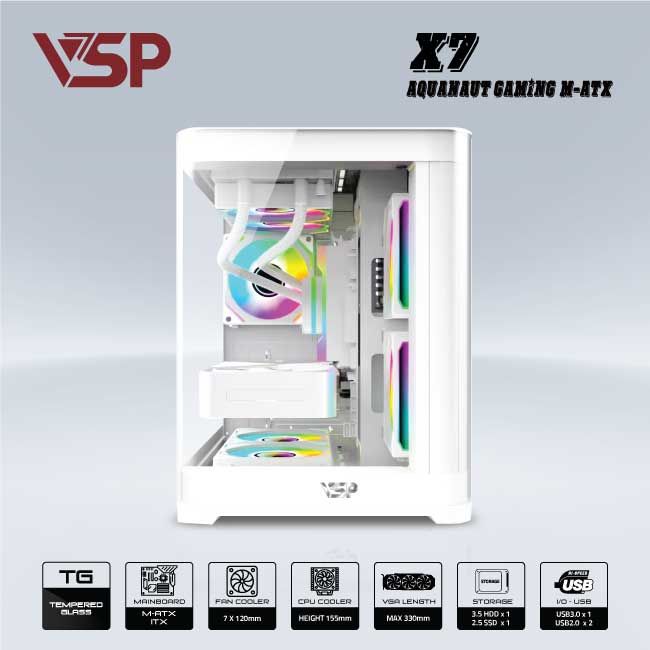 Vỏ máy tính Case VSP AQUANAUT PRO M-ATX Gaming X7 [TRẮNG] (M-ATX/ ITX) - Hàng chính hãng VSP phân phối
