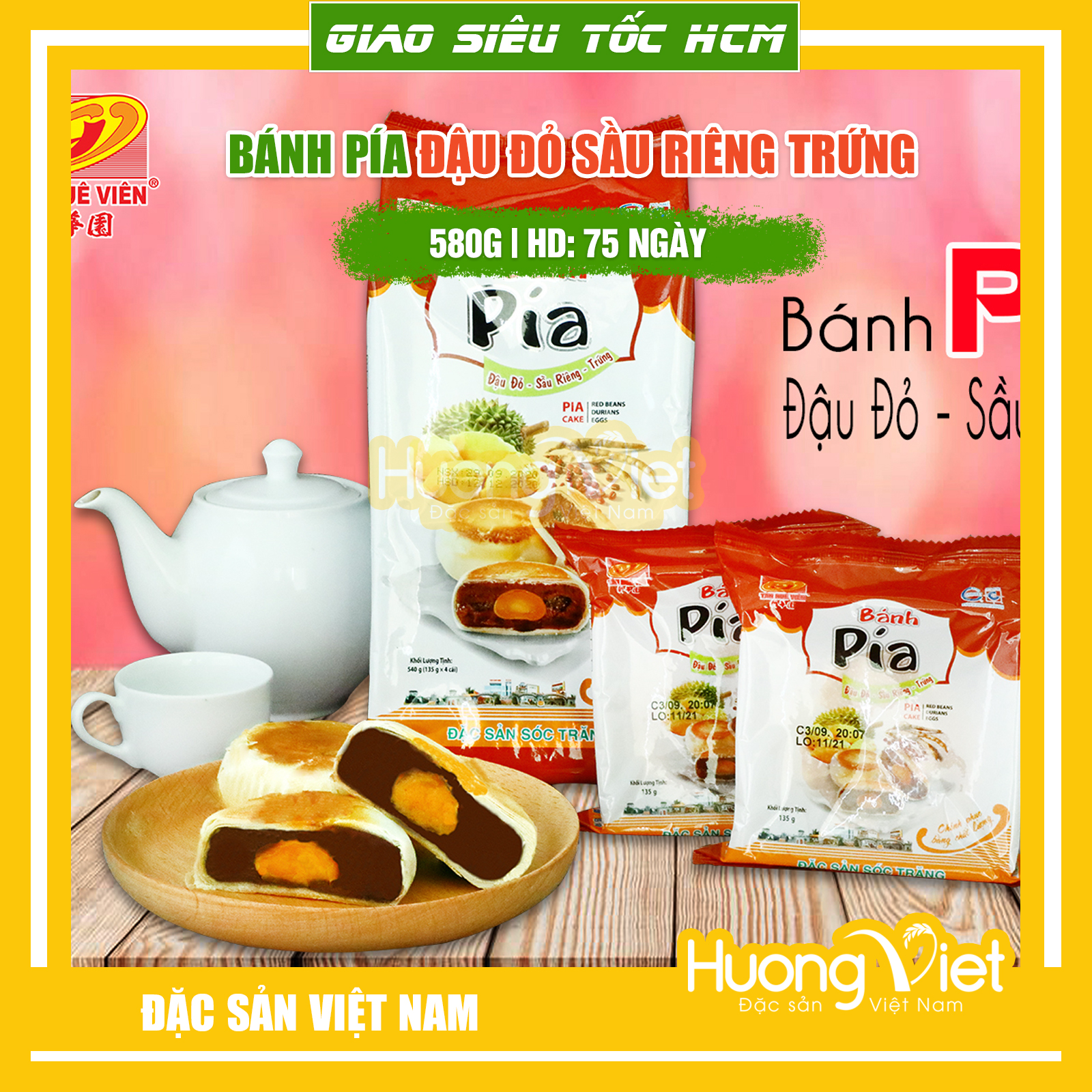 Đặc Sản Sóc Trăng - Bánh Pía Đậu Đỏ Sầu Riêng Trứng Muối 540G, Bánh Pía Sóc Trăng Tân Huê Viên Đậu Đỏ 1 Trứng