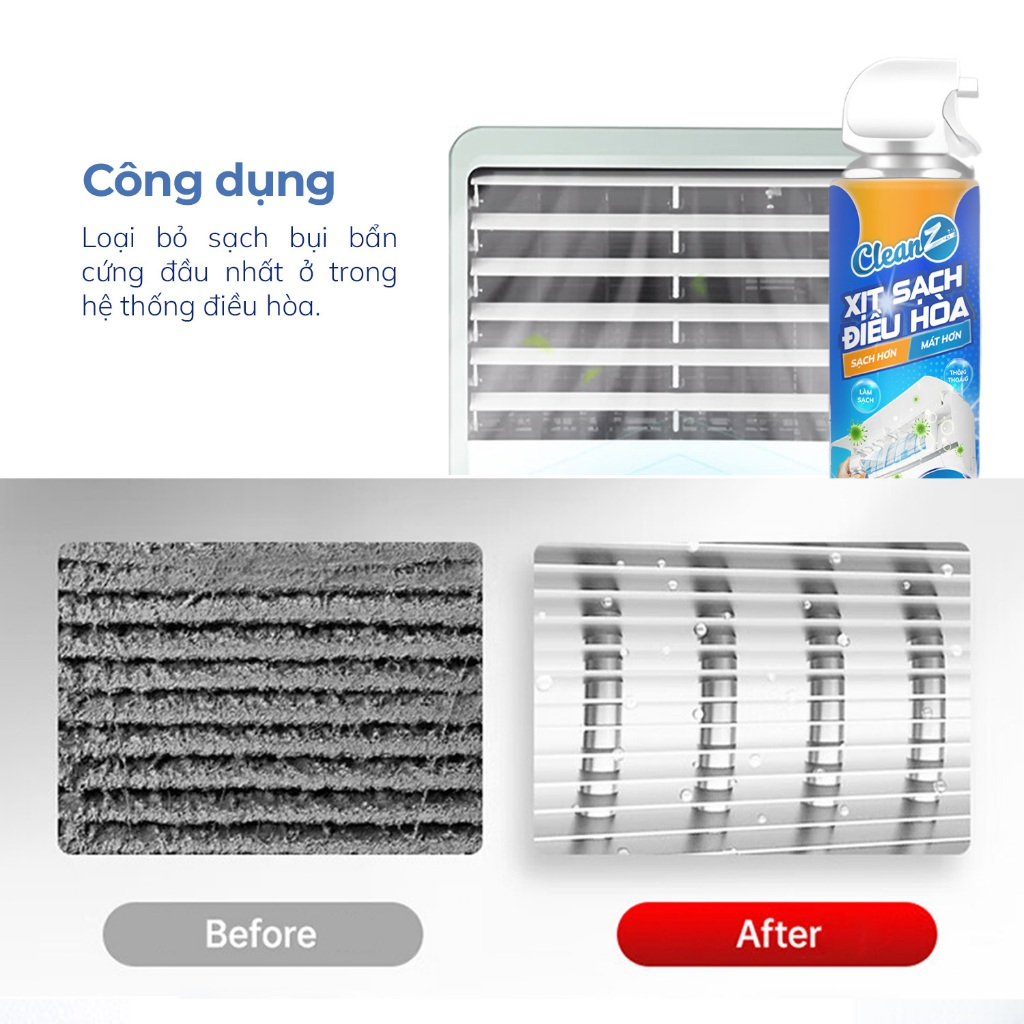 Chai xịt vệ sinh điều hòa Cleanz làm sạch diệt khuẩn bằng công nghệ ion bạc Ag+ -500ml- Hàng chính hãng
