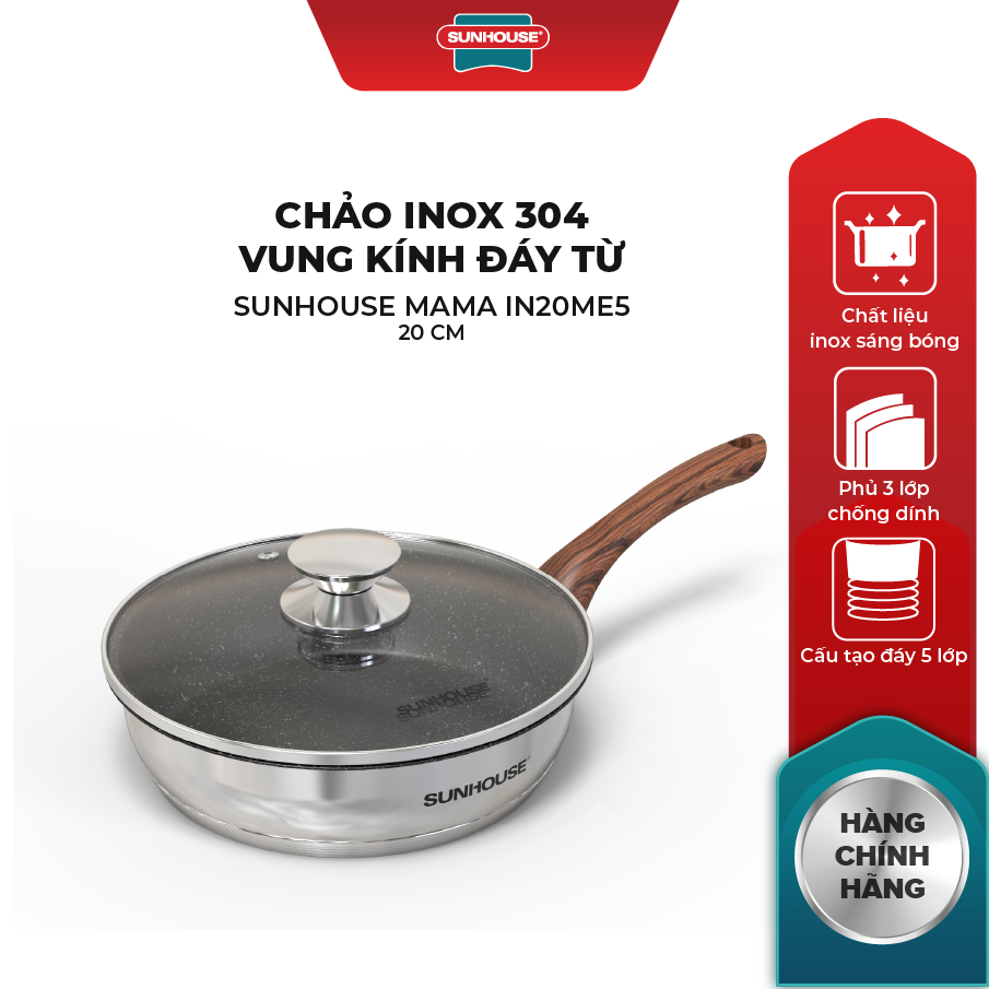 Chảo inox 304 đáy từ ,vung kính cường lực siêu bền, Cán vân gỗ cao cấp Sunhouse MAMA IN24ME5