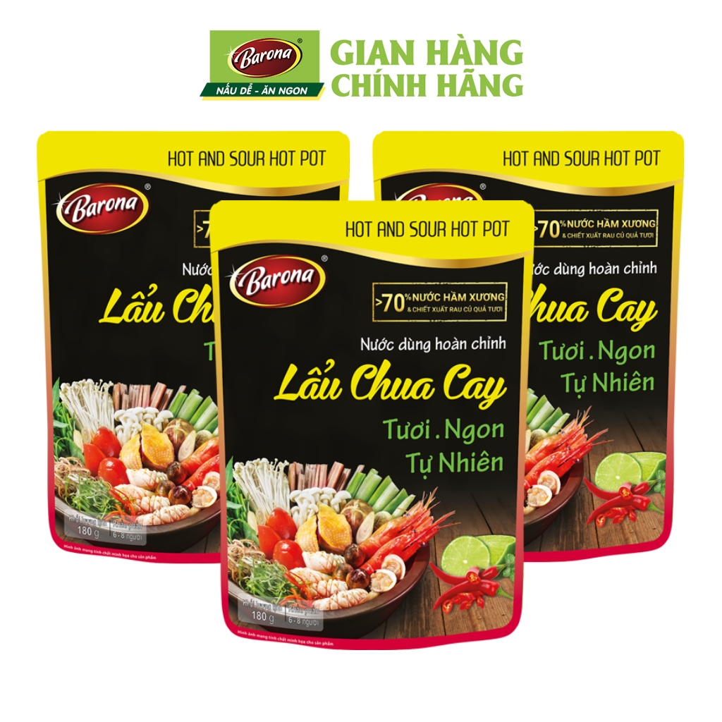 Combo 3 gói Nước dùng Lẩu Chua Cay Barona 180g tươi ngon chuẩn vị không cần nêm nếm