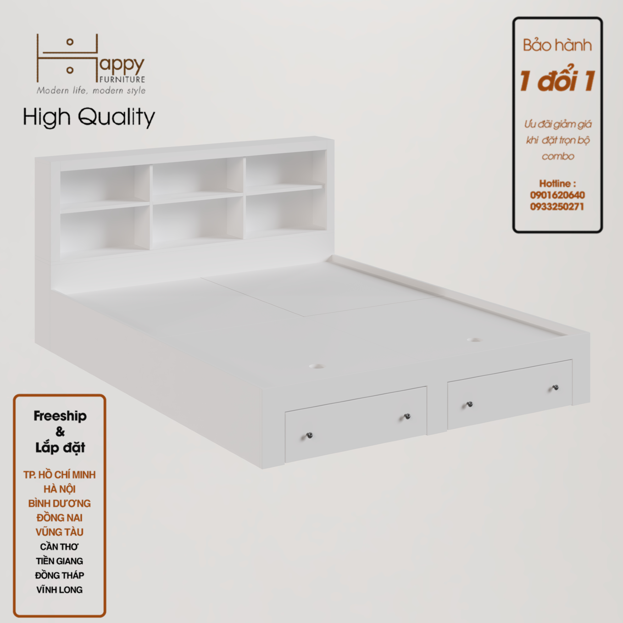 [Happy Home Furniture] FENNY, Giường ngủ -  kết hợp kệ đựng đồ ( chống ẩm cao cấp ), GNG_013, GNG_014, GNG_015, GNG_016