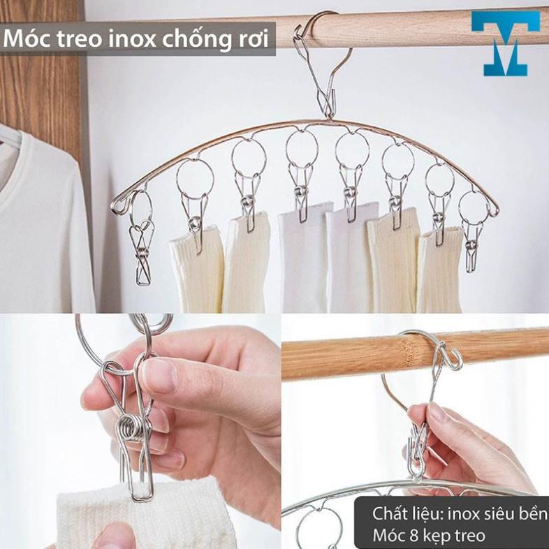 Móc treo tất vớ inox 8 kẹp chống rơi MDT, móc phơi đồ lót sơ sinh đa năng _M39