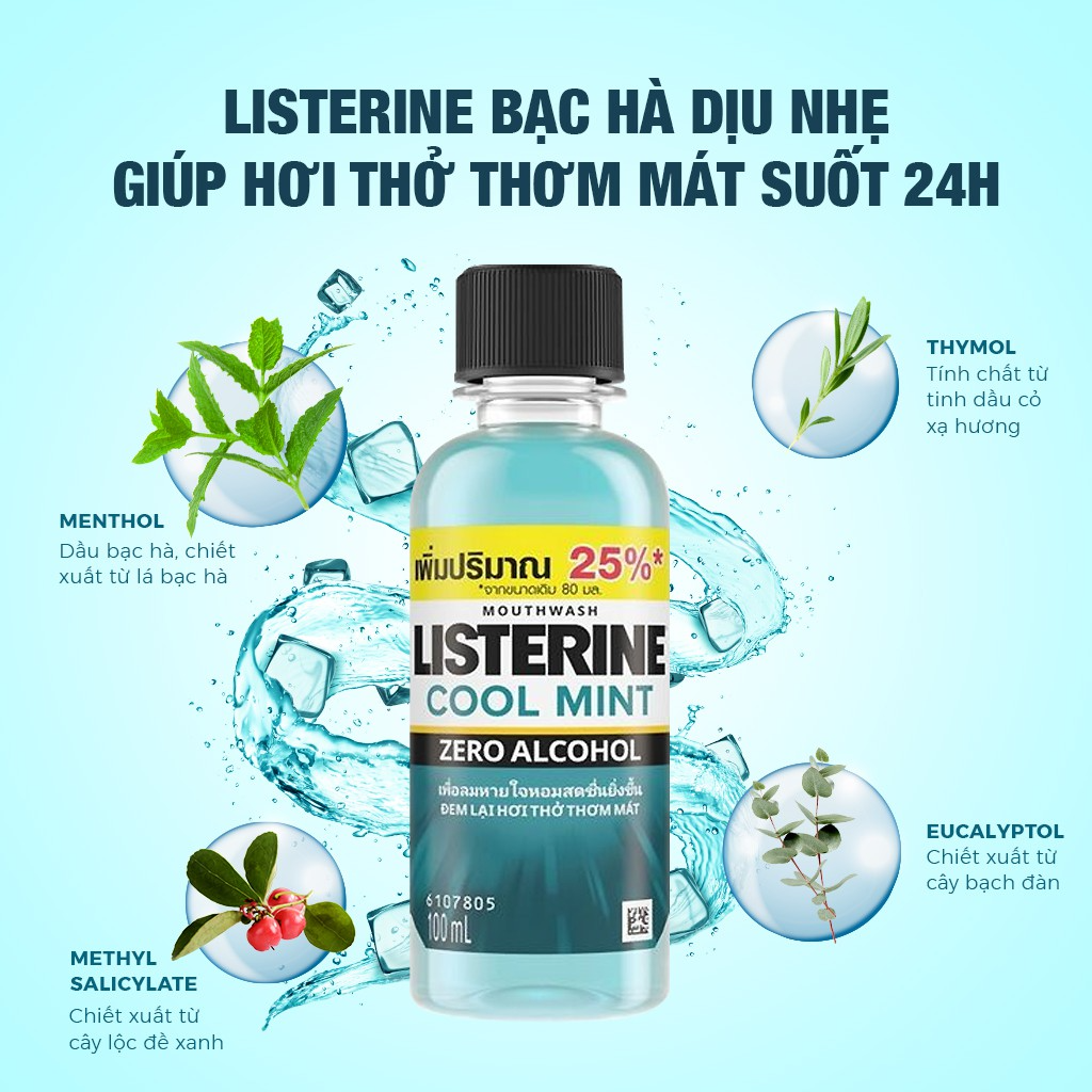 Bộ 6 Chai Nước Súc Miệng Giữ Hơi Thở Thơm Mát Không Cay Listerine Cool Mint Zero - Dung tích 100ml/chai