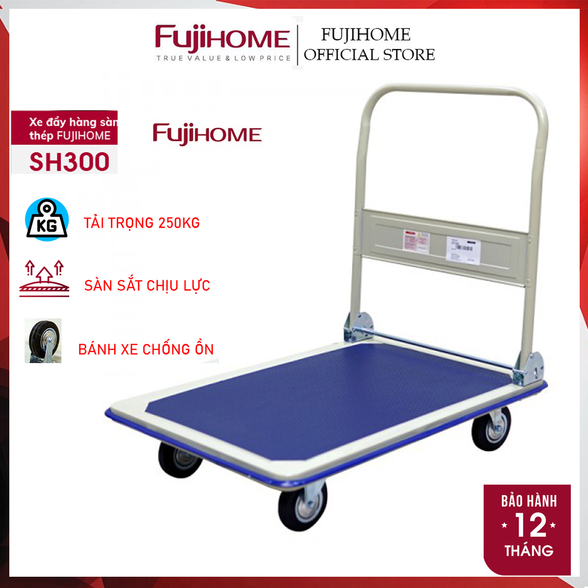 Xe đẩy hàng 4 bánh gấp gọn 250kg sàn thép nhập khẩu FUJIHOME SH300,, bánh xe chống ồn