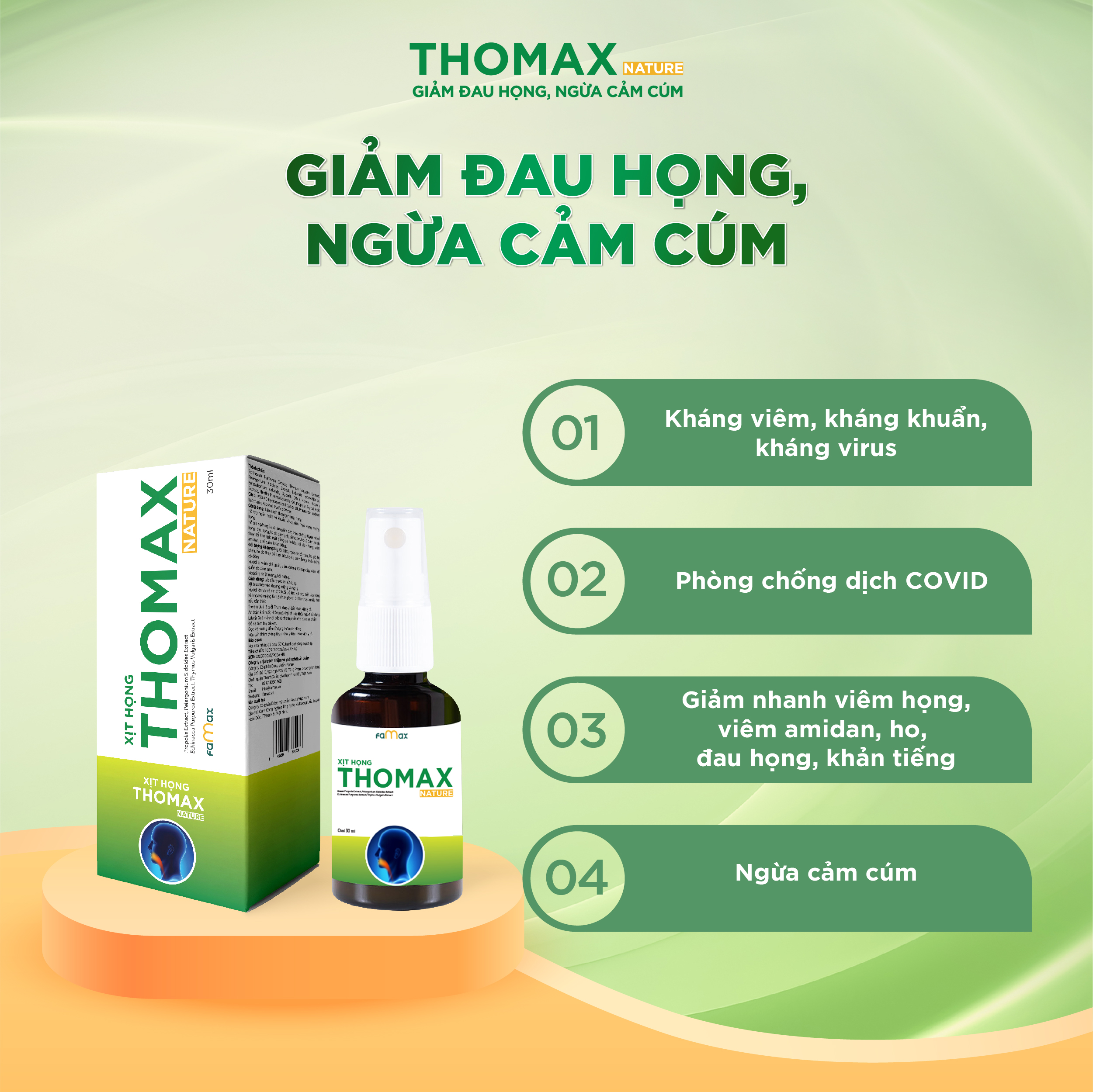 [FAMAX] Combo 2 lọ Xịt họng Thomax Nature 30ml hỗ trợ giảm ho, giảm đau họng, viêm họng, viêm admidan