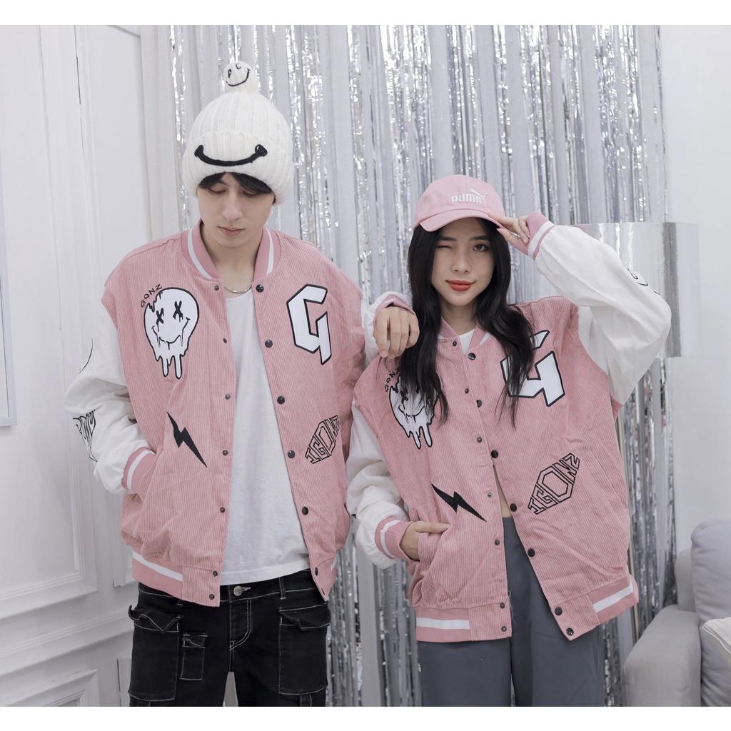 Áo Khoác Form Rộng Nhung Tăm Jacket Varsity FF Pink V2 Gonz