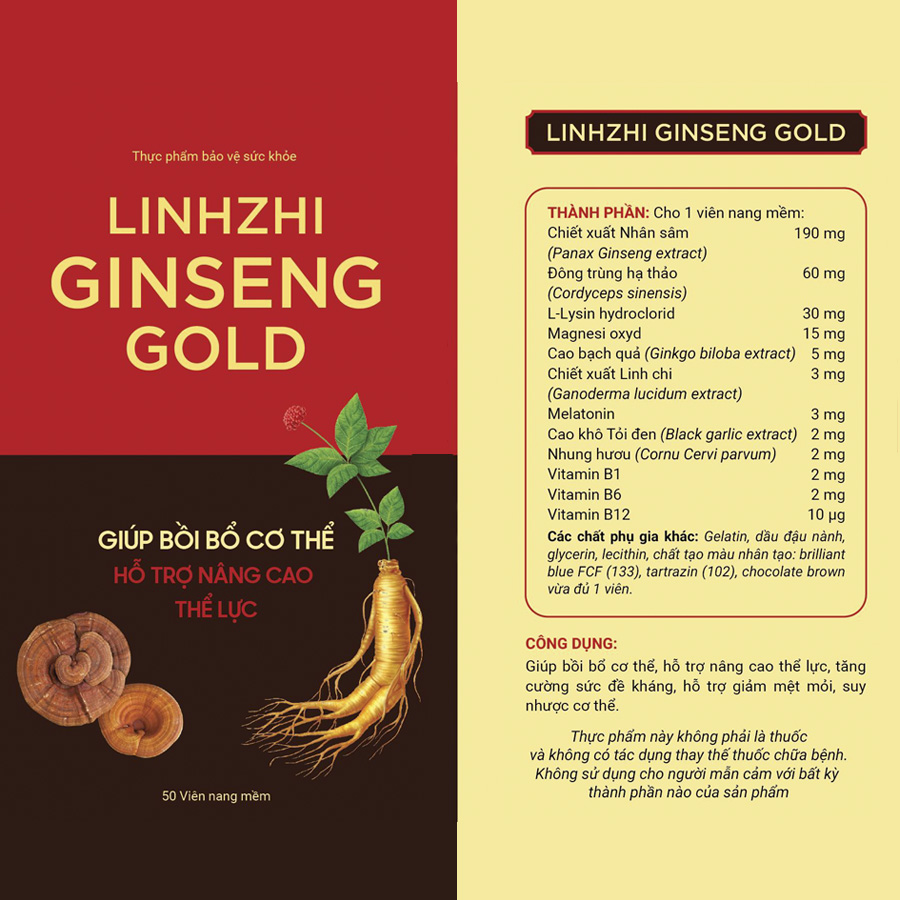 Linhzhi Ginseng Gold - Giúp bồi bổ cơ thể, hỗ trợ nâng cao thể lực, tăng cường sức đề kháng, hỗ trợ giảm mệt mỏi, suy nhược cơ thể - Hộp 50 viên nang mềm