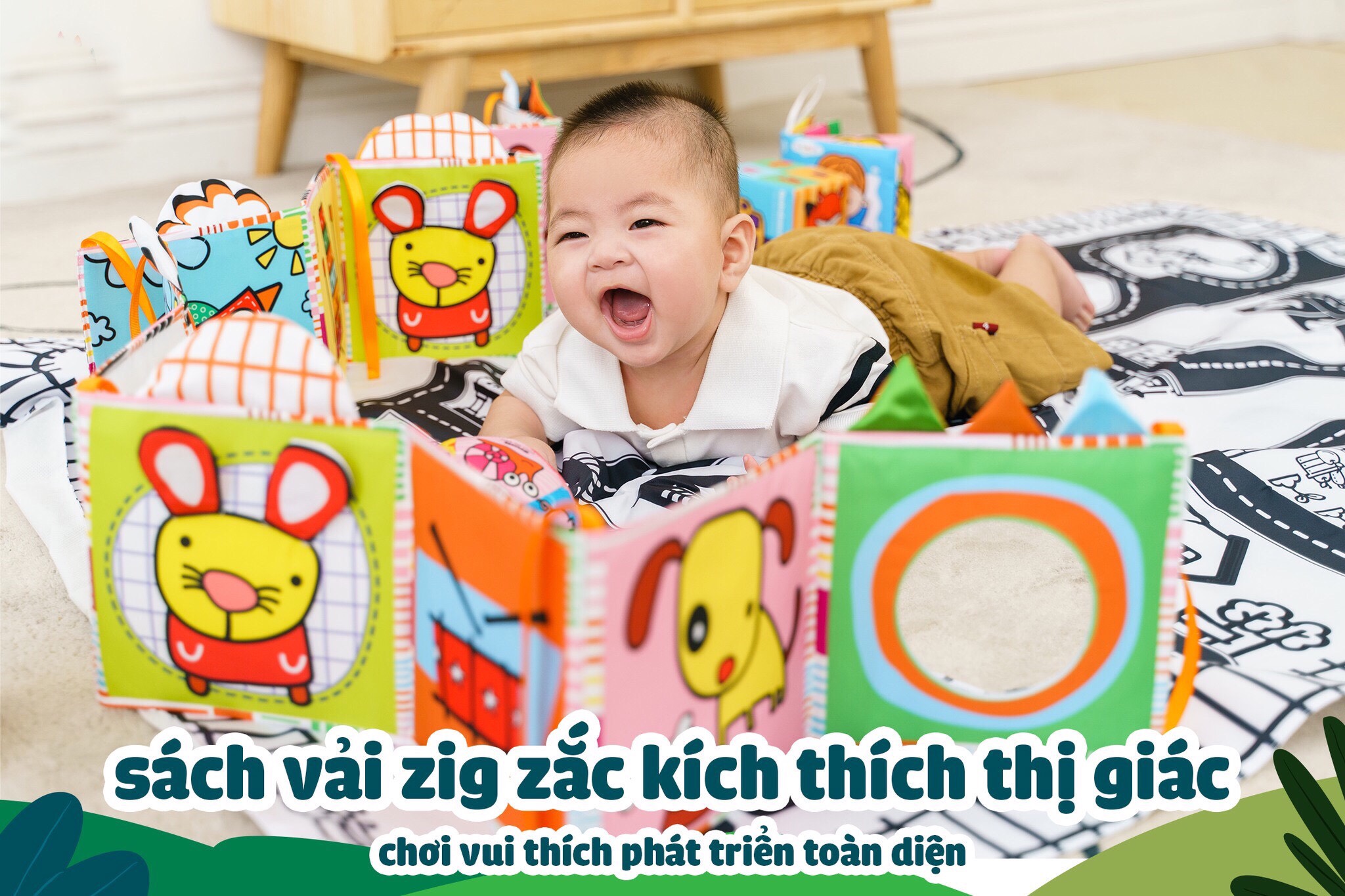 Sách Vải kiêm Quây cũi Kích thích thị giác cho bé 3 trong 1