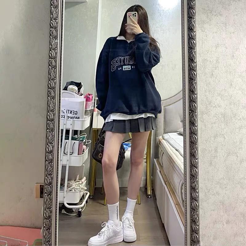 Áo Sweater Có Cổ Xanh Đen Áo Sweater Chất Nỉ Ngoại Dày Dặn Form Rộng Freesize 38-70kg