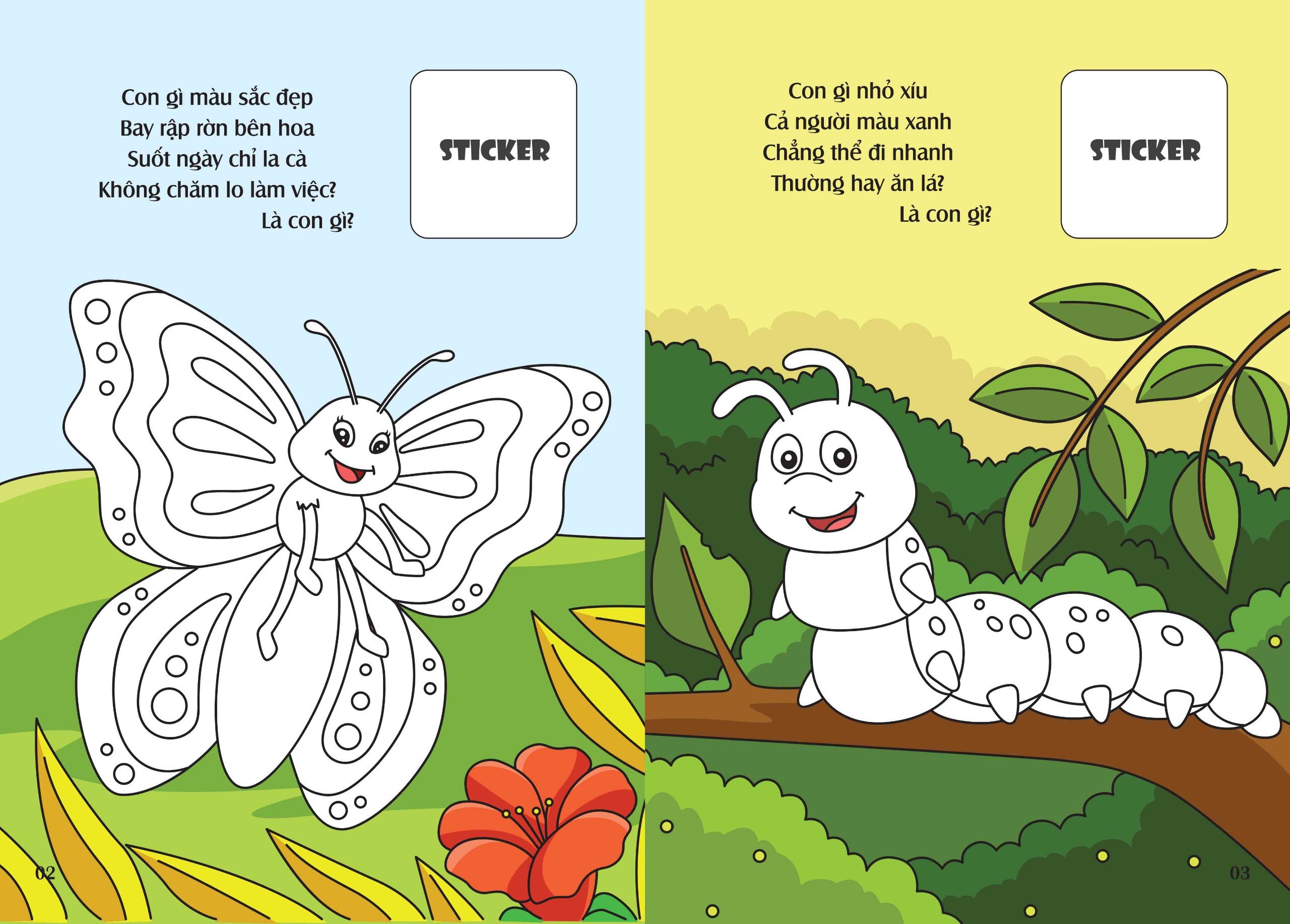 Bé tô màu: Khám phá vườn côn trùng kì thú (côn trùng, bò sát, lưỡng cư) (20+ hình dán sticker)