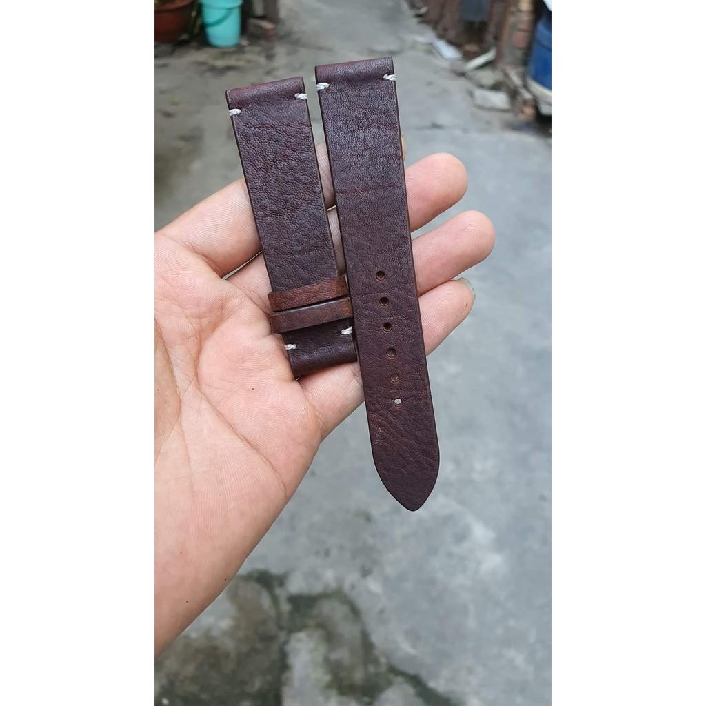 Dây Đồng Hồ Da Bò Sáp Handmade Màu Nâu Đỏ Đậm Size 18, 20, 22 Tặng Kèm Khóa Chốt