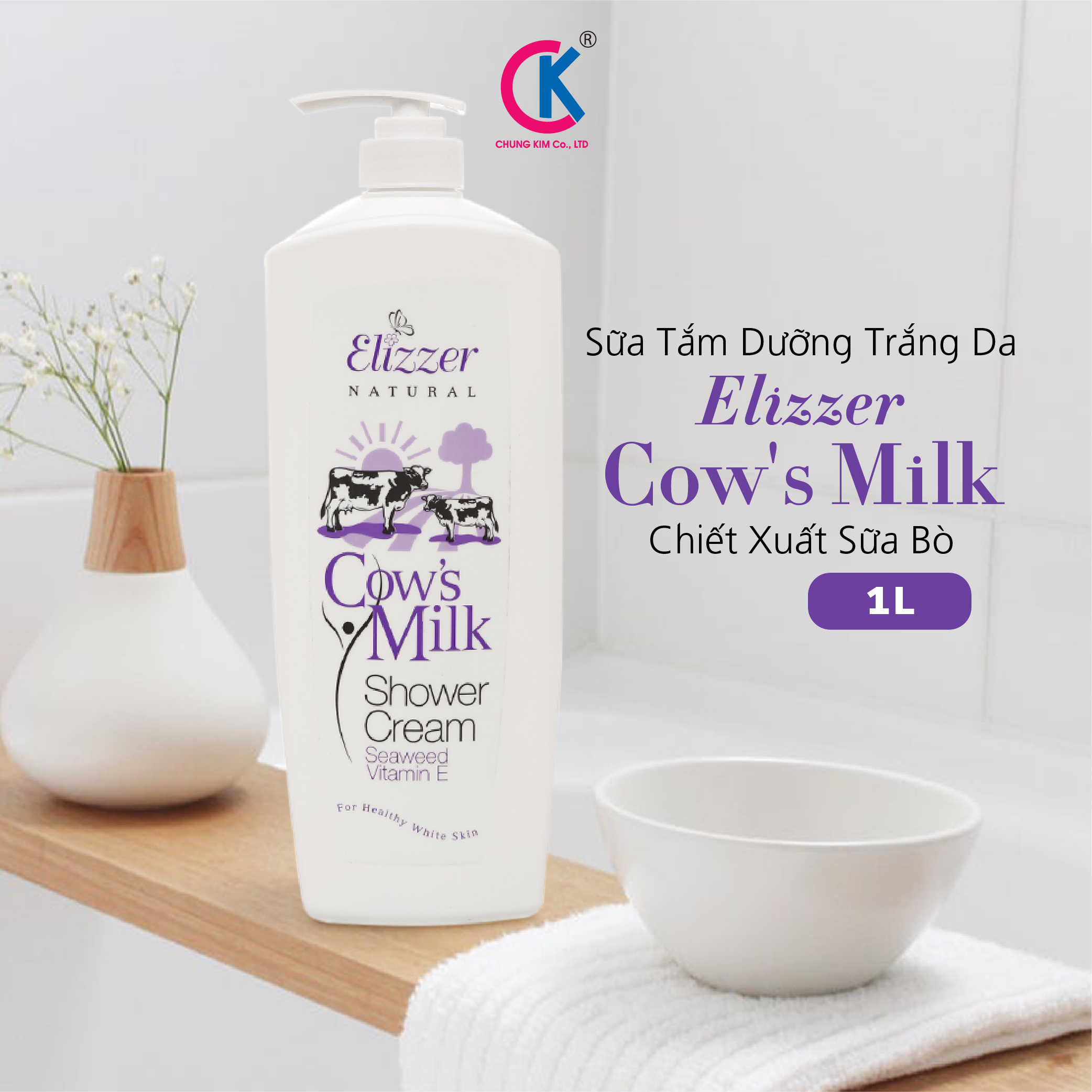 Sữa Tắm Dưỡng Trắng Da Elizzer Cow's Milk Chiết Xuất Sữa Bò 1L