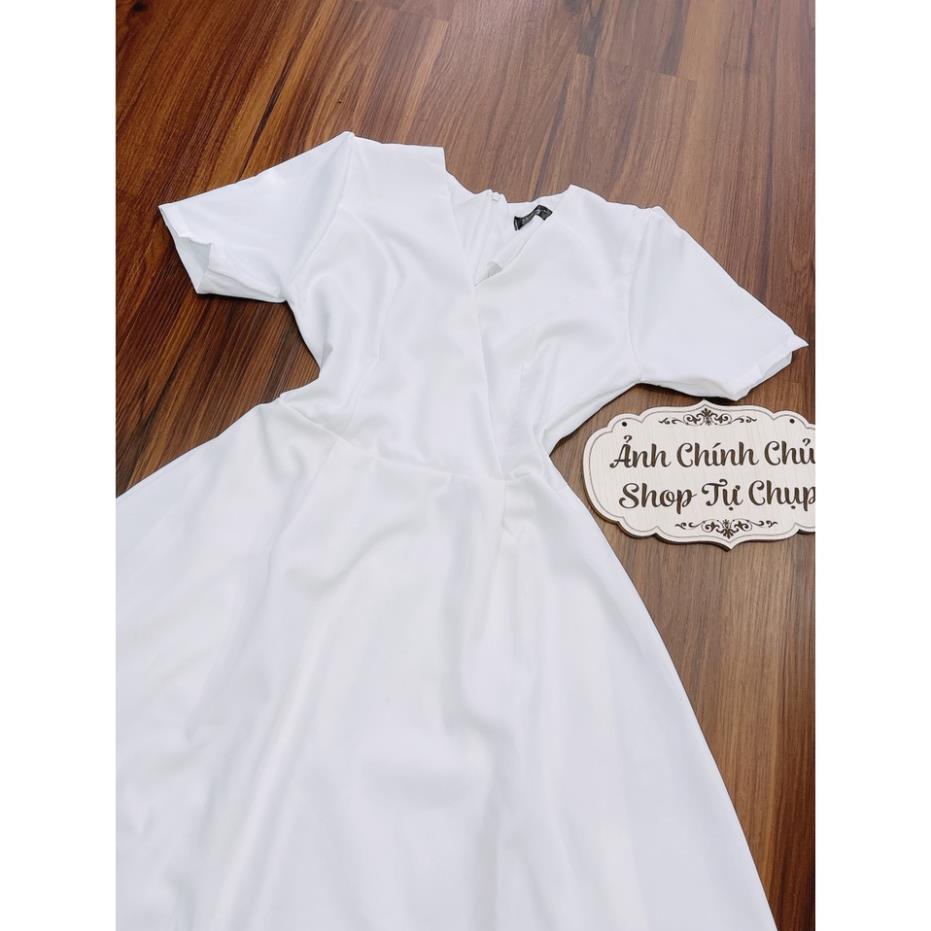 Đầm dự tiệc trắng xoè đắp chéo