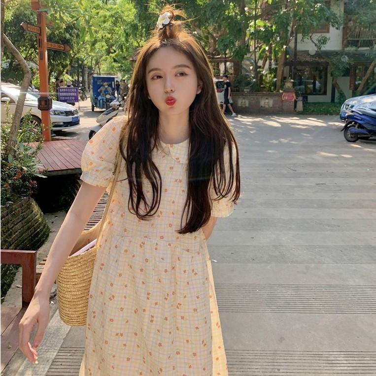 Đầm Dài Midi Cổ Sen Kẻ Sọc Caro Hoạ Tiết Hoa Nhí Ulzzang