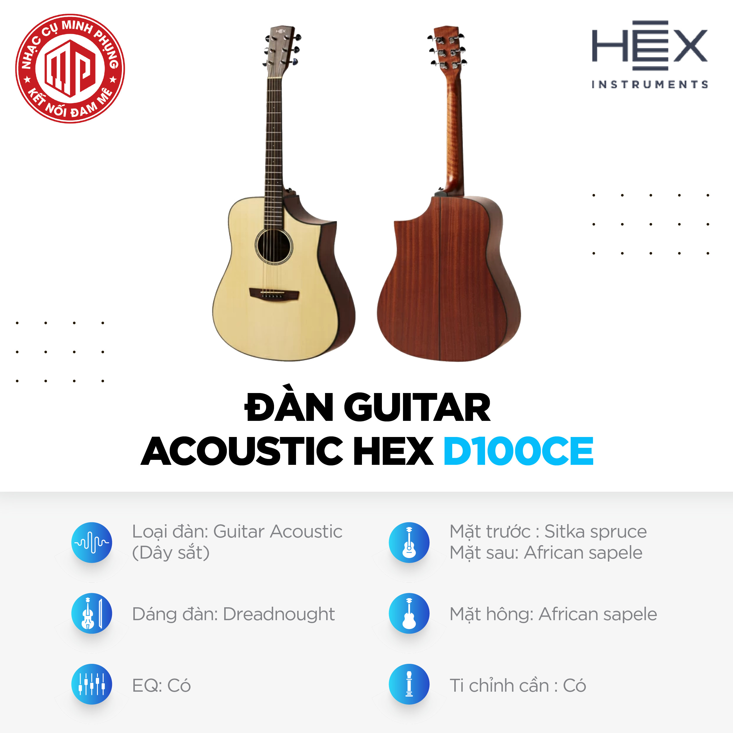 Đàn Guitar Acoustic - HEX D100CE - Hive Series - Size Grand Auditorium - EQ Fishman Sonitone GT2 - Hàng chính hãng