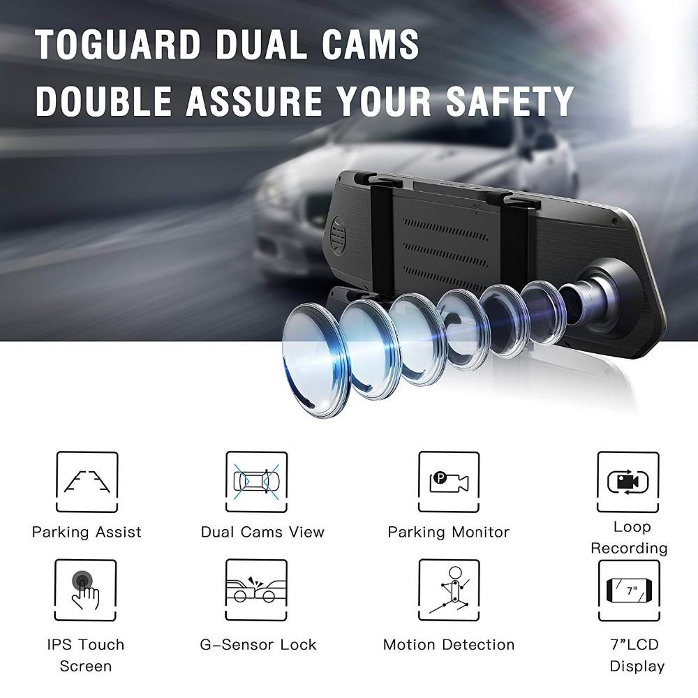 7 "Màn hình cảm ứng 1080p xe dvr camera ống kính kép ống kính tự động quay video quay lại máy quay phản lực gương