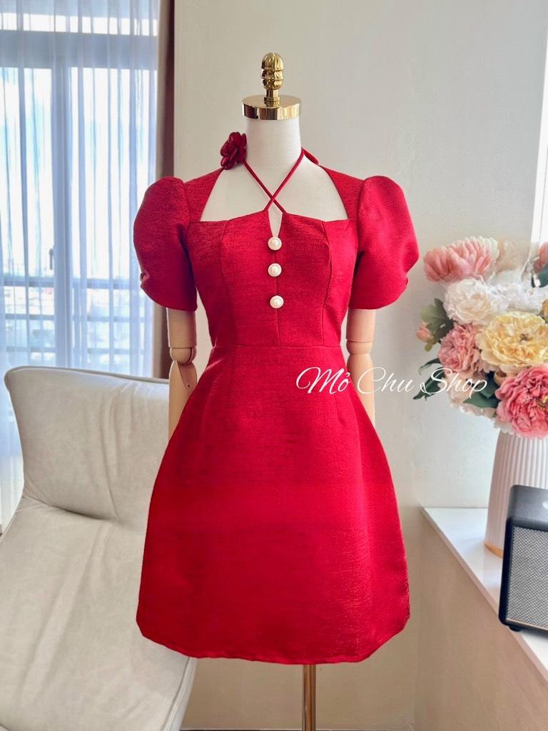 Đầm xòe tafta vân đá chéo dây