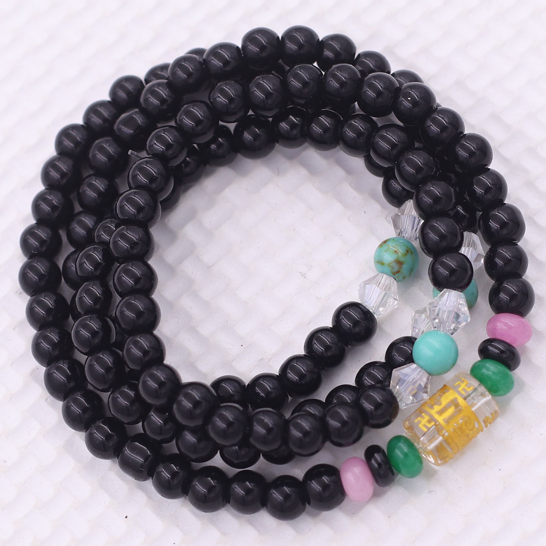 Vòng chuỗi 108 hạt đá thạch anh đen charm lục tự chân ngôn - hạt 8 ly , vòng chuỗi niệm Phật, vòng chuỗi đeo tay