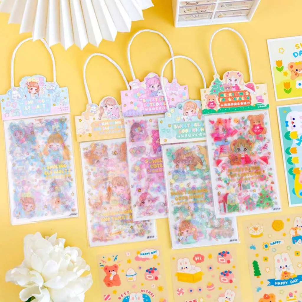 Set 3 Túi Sticker ( 9 Tấm Hình Dán ) Phong Cách Hàn Quốc Siêu Dễ Thương Có Quai Xách