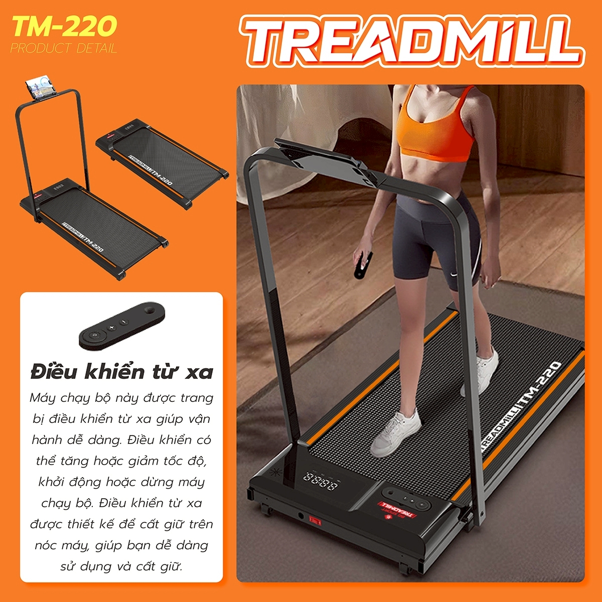 BG Máy Chạy Bộ Gập Gọn Có Điều Khiển Từ Xa,Có Tay Vịn TM-220A Chống Rung,Chống Ồn