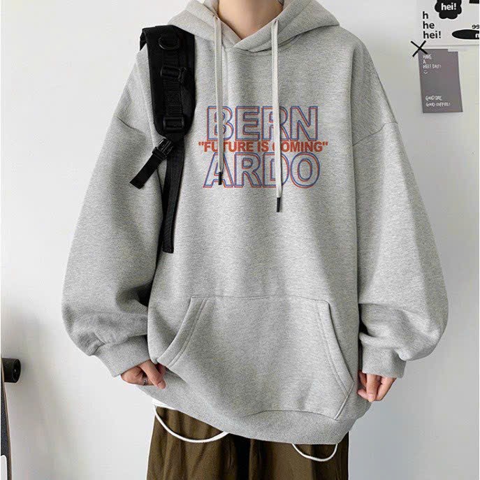 Áo Hoodie unisex in chữ BERN ARDO là điểm nhấn, chất nỉ bông 2 lớp, mũ 2 lớp dày dặn, phong cách ullzang, Áo hoodie in chữ 3D cool ngầu trắng đen