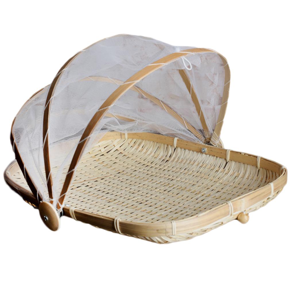 Bamboo Tent Basket Serving Food Outdoor Picnic Pop Mesh Screen Net Cover S1