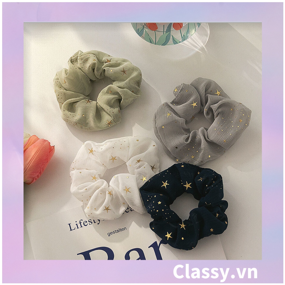 Scrunchies cột tóc, buộc tóc sợi lưới, họa tiết ánh sao, nhiều màu thanh lịch PK1023