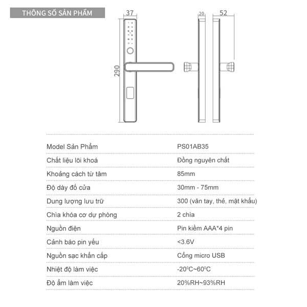 Khóa điện tử thông minh khóa vân tay cửa nhôm PASINI PS01AB35 (Đen) PS02AS35 (Bạc) cho cửa nhôm xingfa, sắt, inox