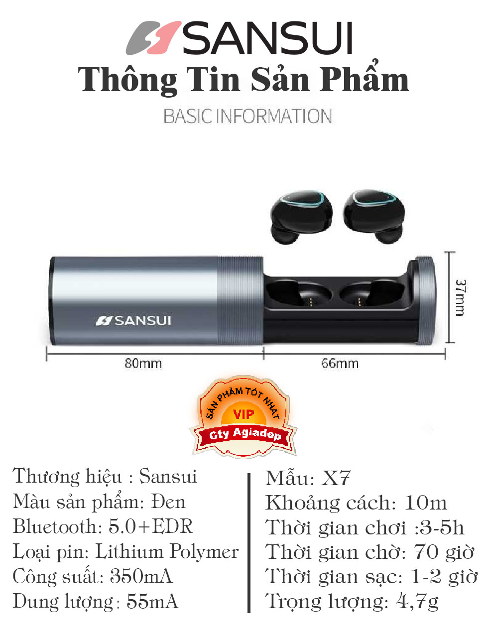 Tai nghe Bluetooth không dây 5.0 Cảm ứng Hàng hiệu Sansui (Âm thanh HiFi tuyệt hảo) Gồm Dock tự sạc