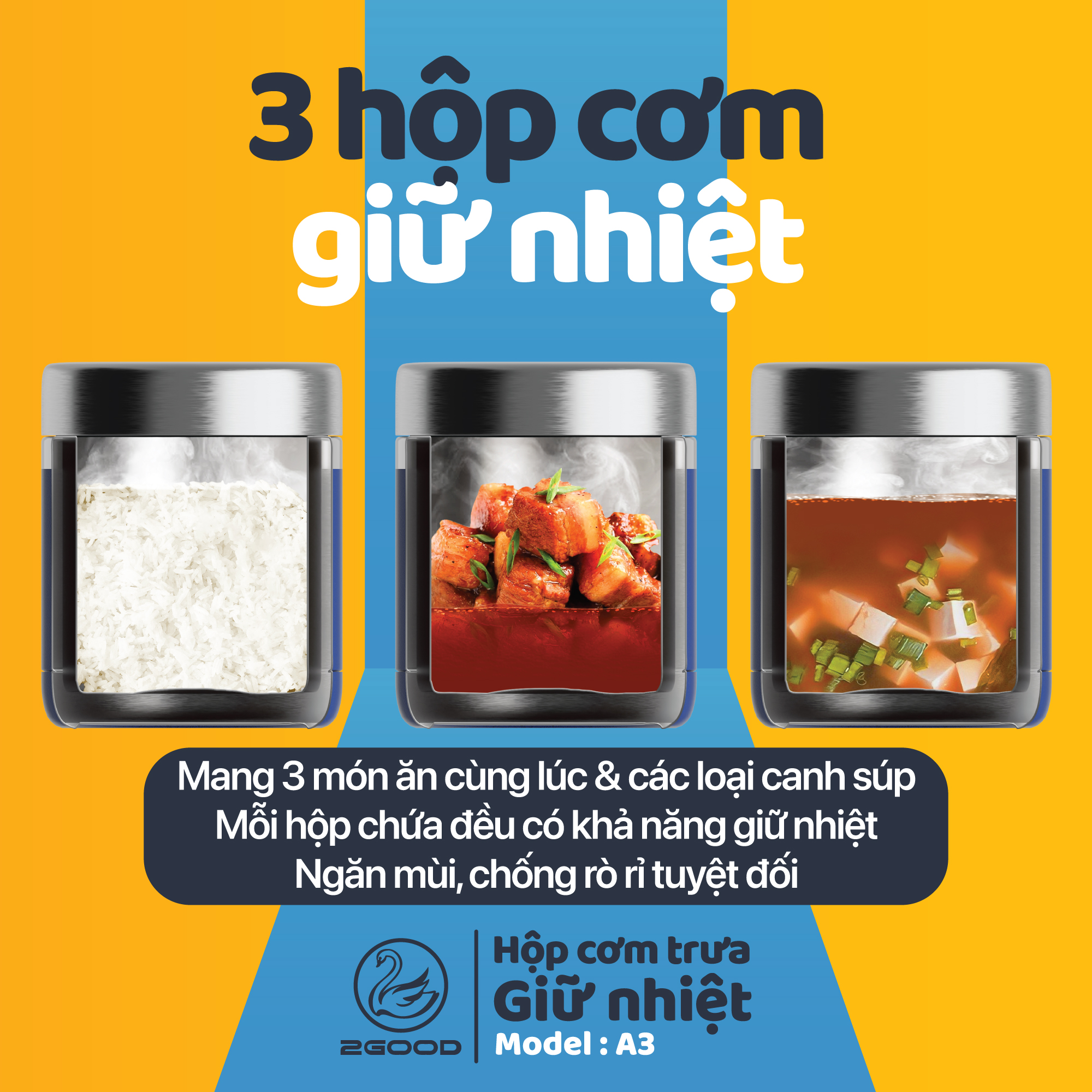 Bộ 3 Hộp Cơm Giữ Nhiệt Chân Không 2GOOD A3 - Dung tích 1140ml