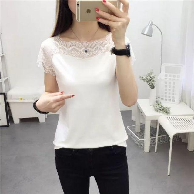 Áo phông nữ pha ren cổ_ áo thun nữ