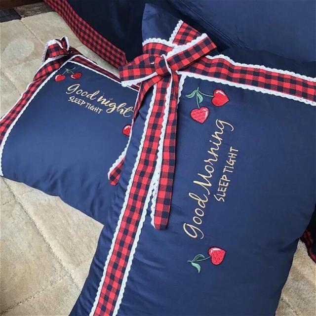 Trọn bộ chăn ga gối cotton lụa cherry xanh đính nơ mẫu mới 2019