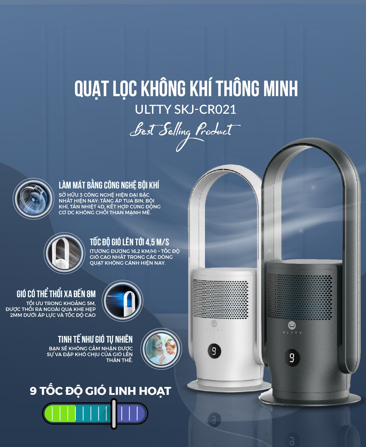 Combo Máy Lọc Không Khí U ULTTY SKJ CR021 Dạng Quạt Màu Trắng + Màng lọc HEPA H13 Nano Phân Tử Bạc - Hàng Chính Hãng