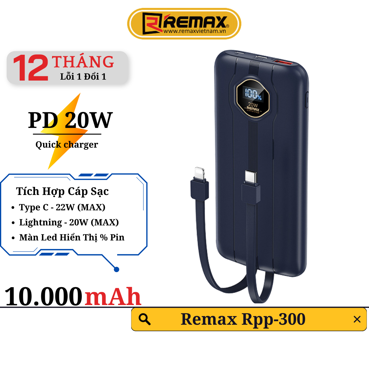 Pin sạc dự phòng kèm cáp sạc 10000mAh Remax RPP-300 Sạc nhanh PD QC 22.5W - Hàng Chính Hãng Remax