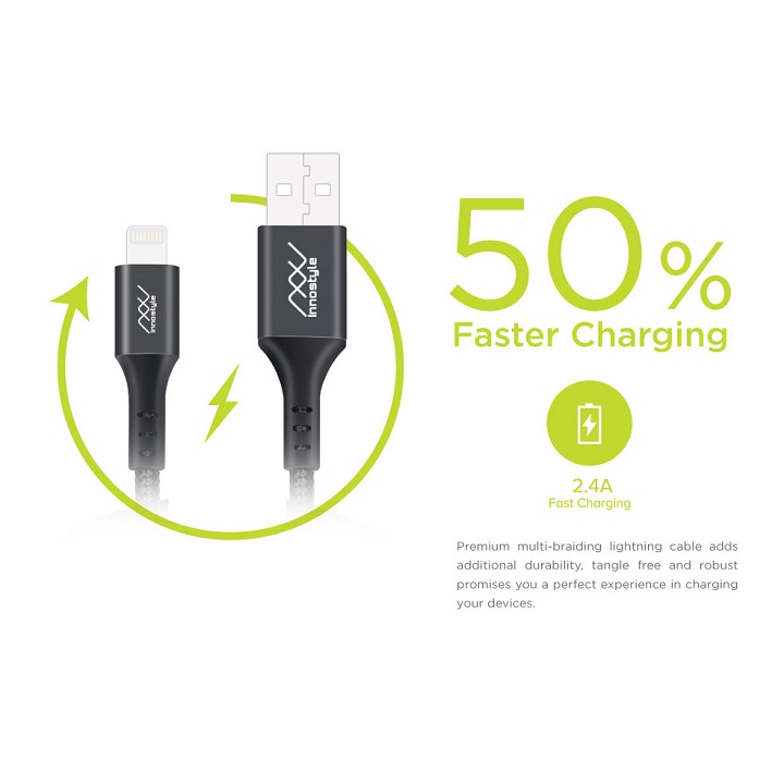 Cáp Innostyle Duraflex 1.5M USB-A To Lightning MFI Iphone/Ipad/Ipod/AirPod IAL150 (Kevlar) – Hàng Chính Hãng