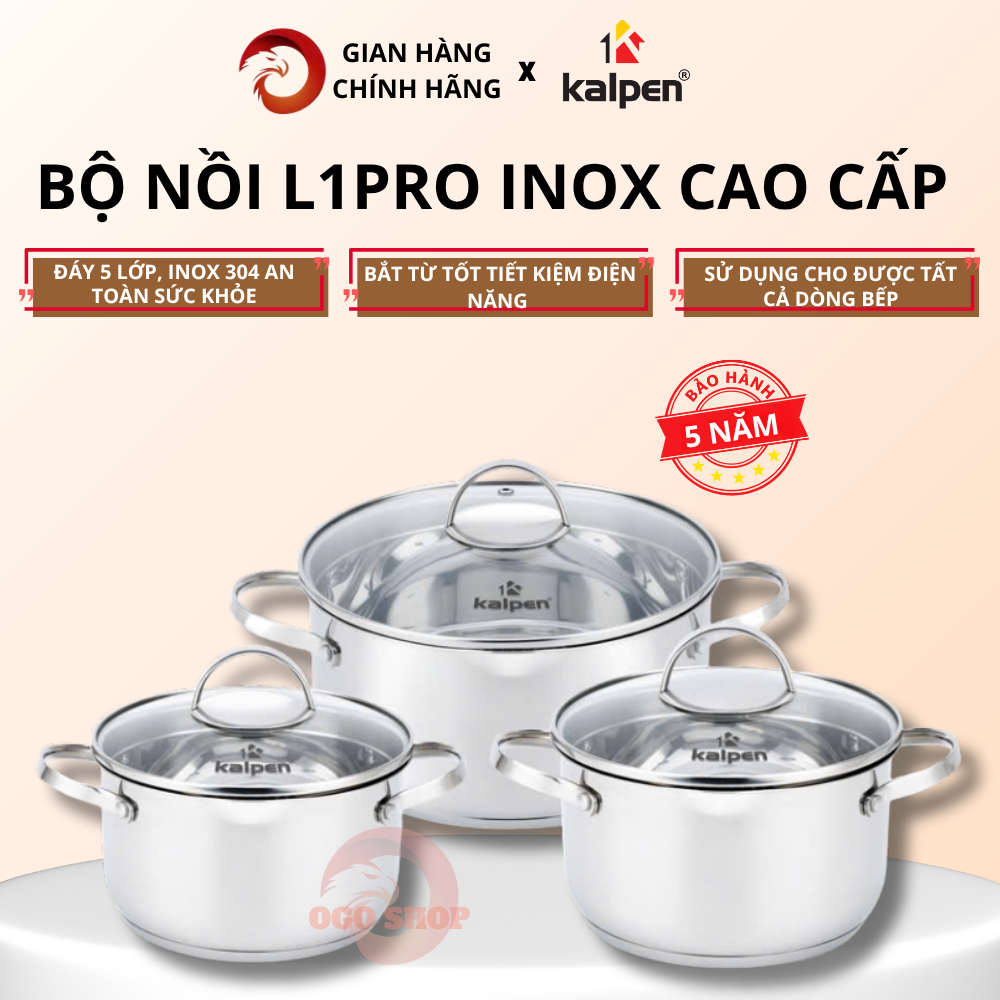 Bộ nồi inox 304 cao cấp 5 đáy Kalpen Lermat L1pro - Hàng chính hãng bảo hành 5 năm